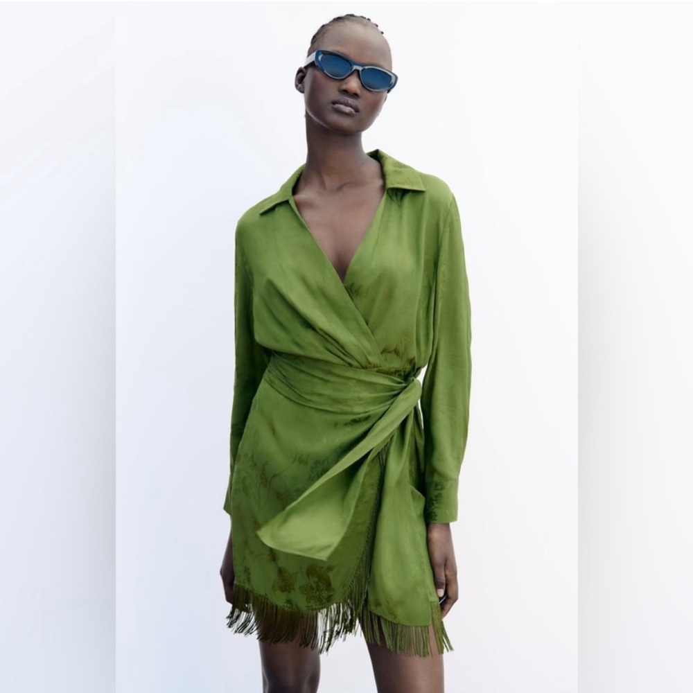 NWT Zara Fringed Jacquard Wrap Mini Dress